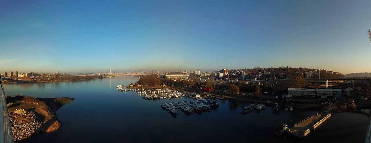 Белград: Serbia, Belgrade, 180 deg panorama of sight from Ada Bridge's downstream side, 02.01.2012